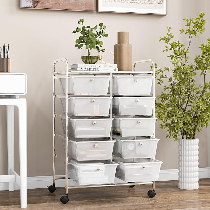 Moccha 10-Drawer Rolling Storage Cart - Under Desk Storage Drawers with wheels for Craft Art Supply Paper Salon, Scrapbook Paper Tools, Mobile Utility Cart for Classroom, Clear - Image 9