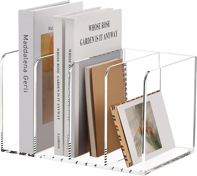 SANRUI Acrylic Desk Magazine File Holder, Clear,4 Vertical Compartments | Workspace Document Organizer Sorter for Documents, Tablet, Magazines, Books & Accessories by SANRUI