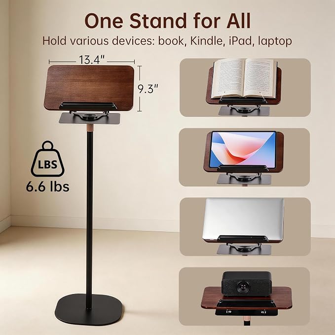 2-in-1 Floor & Desktop Book Stand, Adjustable Reading Music Podium | Portable Dual-Use 19"-62.2" Music Sheet Display, Laptop, Cookbook, Projector Stand Holder, 360° Rotate, Page Clip, Wood - Image 3