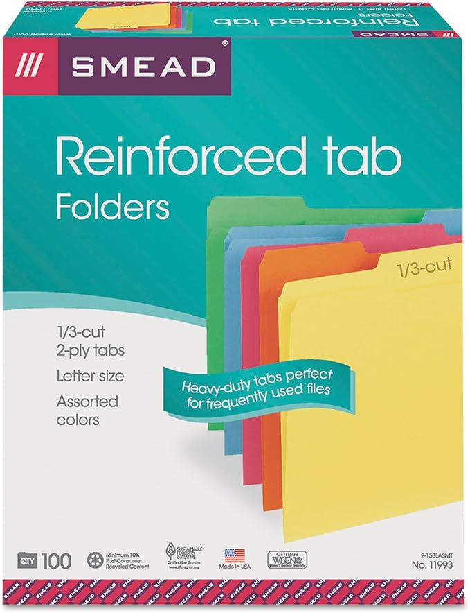 Smead File Folder, Reinforced 1/3-Cut Tab, Letter Size, Assorted Colors, 100 per Box (11993) | Premium colored stock, two-ply reinforced tabs in 3 positions, color-coded home and office drawer filing, SFI certified - Image 5