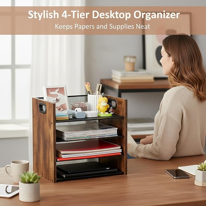 Desk Organizer, 4 Tier Desktop File Organizer and Paper Tray Organizer, Office Desk Accessories for Mail, Documents, Papers, Notebooks and Home Office Storage - Image 4