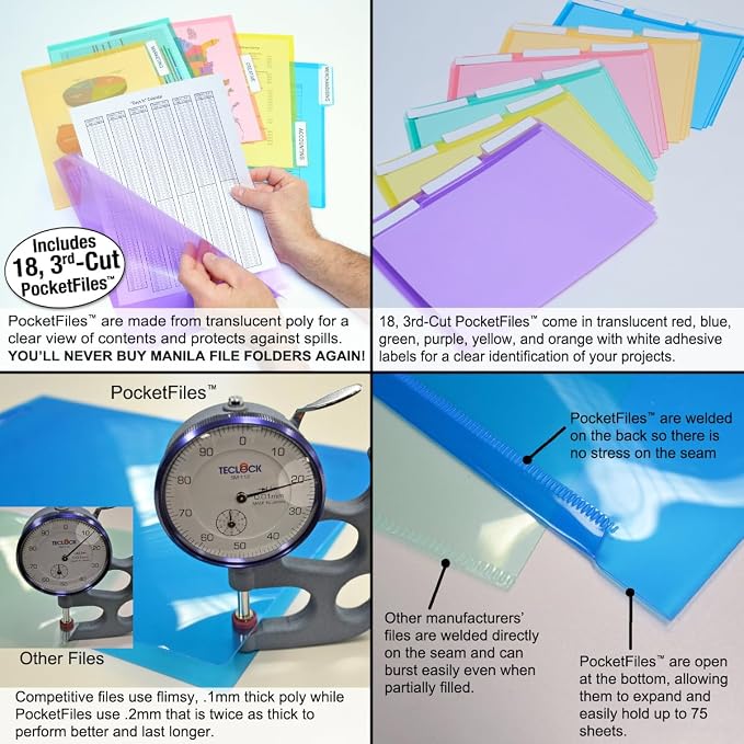 Ultimate Office Mesh Hanging Wall File Organizer, 12 Tier + 18 PocketFiles | Vertical mount hanging file sorter and display rack; includes 18 3rd-cut PocketFile clear document folders - Image 3