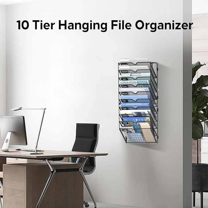 10 Tier Wall File Organizer Office Hanging Mail Holder Wall Mounted, Mesh Paper Document Organizer for Office Home School, Black | Wall Organizer and Wall Mounted File Holder with 10 Pockets and Label Panels for Files, Mail, Folders, Magazines and Paper - Image 6