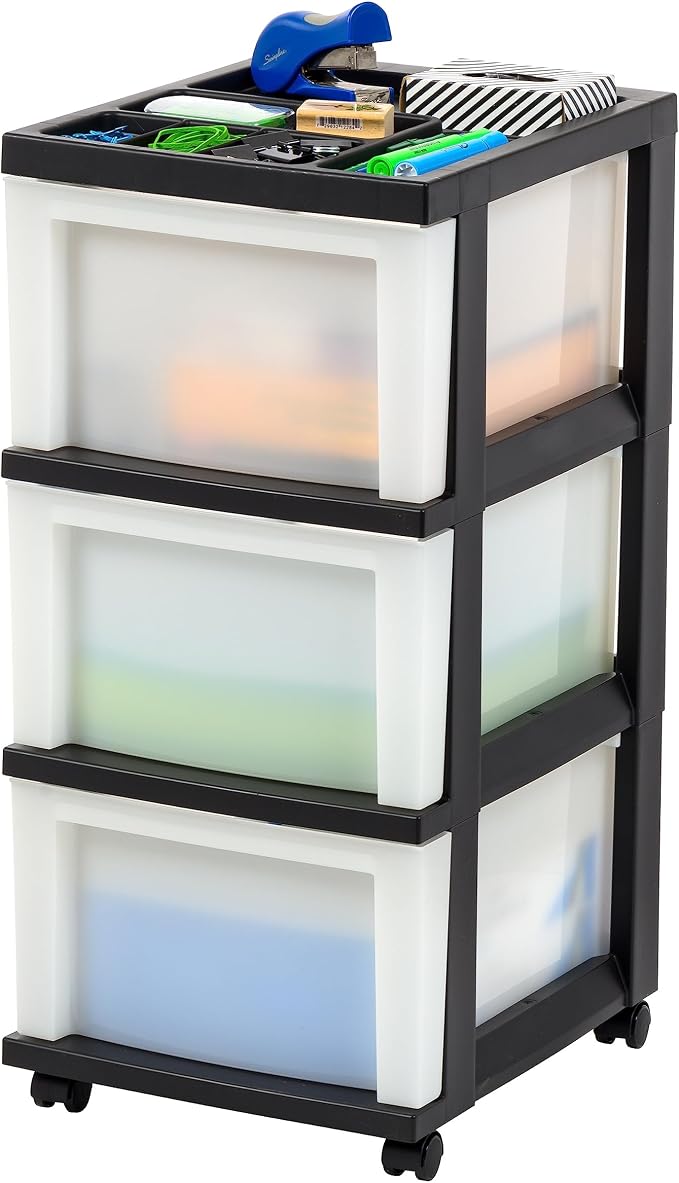 IRIS USA 3-Drawer Rolling Storage Cart, Black/Pearl | Keep craft supplies, office essentials, classroom items, and accessories organized with easy-access drawers for daily use - Image 8