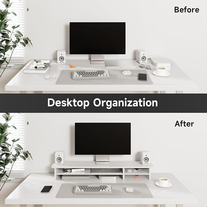 Fenge Monitor Stand, Desk Computer Riser with Frosted Storage Drawer, White | 42.5 Inch Dual Monitor Riser, 2 Tiers, Cable Management, Desk Shelf for 2 Monitors, Ultrawide Screen, Laptop, TV, Home Office - Image 9