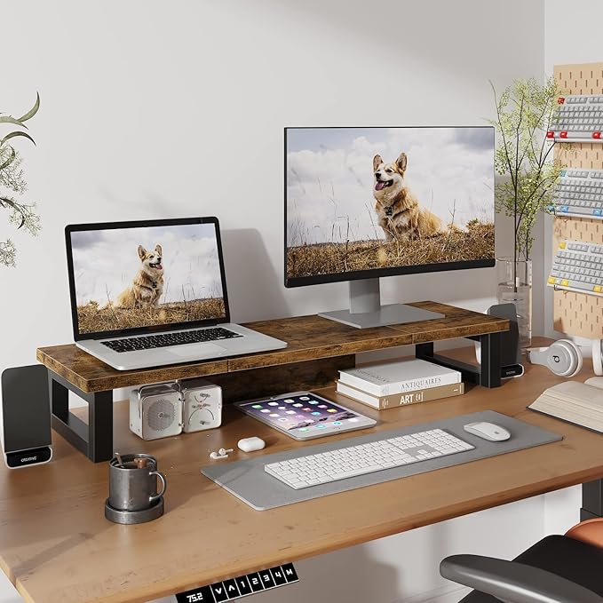 WESTREE Dual Monitor Stand Riser, Wood and Steel Monitor Stand Riser, Computer Monitor Stand for 2 Monitors, Multi-Purpose Desktop Storage Stand for Computer,Laptop,Printer,TV - Image 2