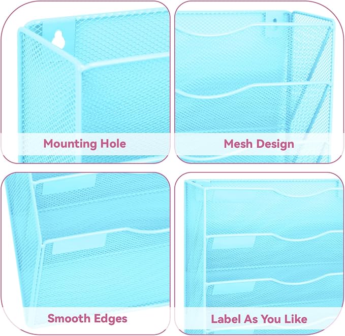 8 Pockets Mesh Wall File Holder Organizer Office Hanging File Folder Magazine Rack, Nametag Label Hooks Set Included (Blue) - Image 3