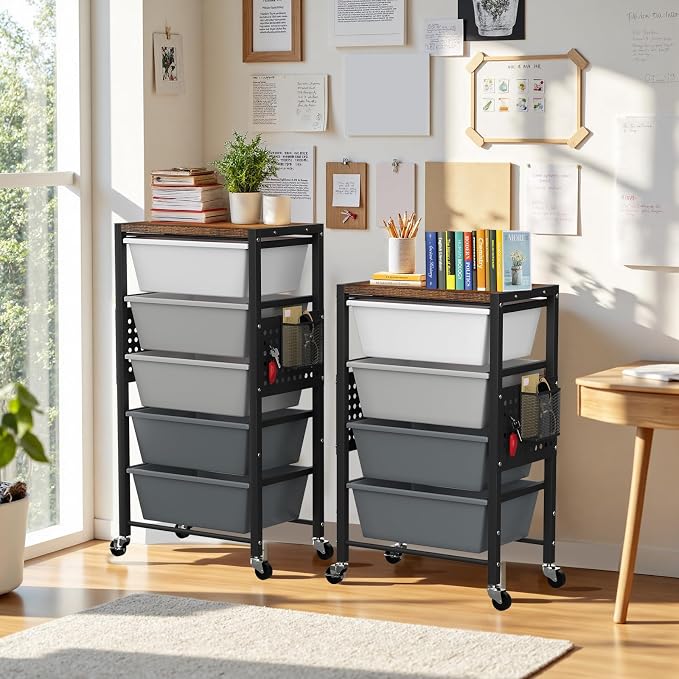 Rolling Cart with 4 Drawers, Plastic Drawer Storage Carts with Wheels & Wooden Tabletop, Metal Utility Cart with Pegboards, Office Living Room Classroom Craft Organization and Storage, Dark Grey - Image 2