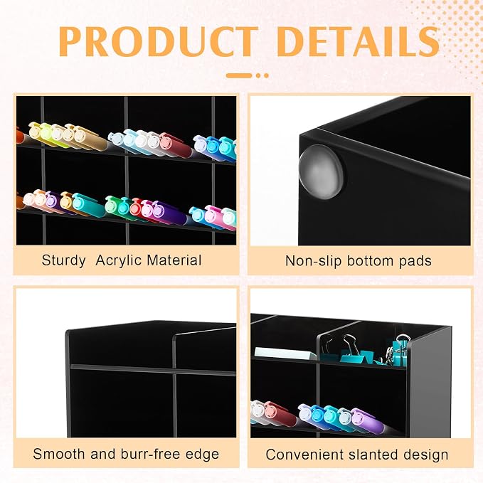 MotiMind Acrylic Pen Organizer Storage for 250 Markers Vertical Marker Organizer Acrylic Pen Display Holder for Office Desk Desktop Stationery Pencil Storage, Black, 13 x 4 x 12.4 Inch - Image 3
