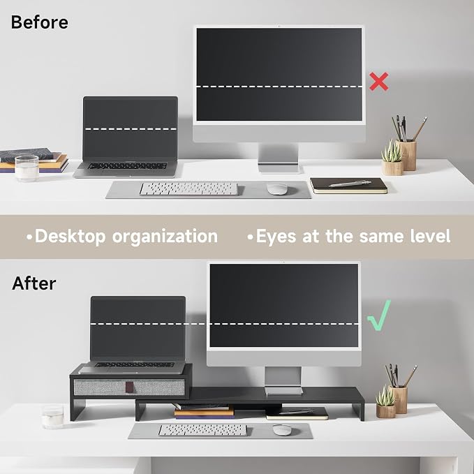 Fenge Triple Monitor Stand with Srorage Drawer, Adjustable Length and Angle | Computer Monitor Riser for 2 or 3 Monitors, Wooden Desktop Laptop Stand, Office Organizer for PC, Screen, Tablet, Black - Image 7