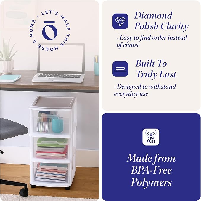 HOMZ Drawer Tower, 3-Tier Storage Cart with Removable Wheels, White Frame | Plastic Organizer with Clear Bin Drawers for Bedroom, Bathroom, Home Office, and Dorm Rooms - Image 5
