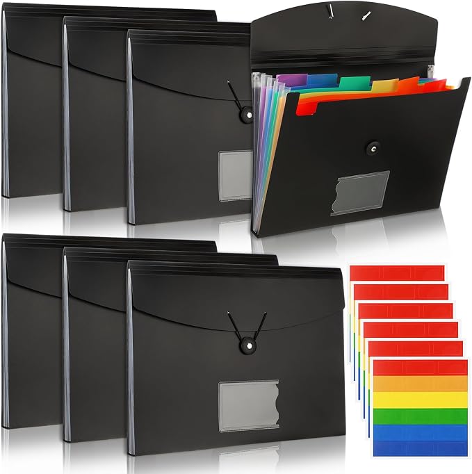 Glenmal 10 Pcs 7 Pocket File Folders File Organizer Expanding Folder with Labels Plastic Pocket A4 Letter Size Paper Organizer for Office Back to School Supplies(Black) by Glenmal