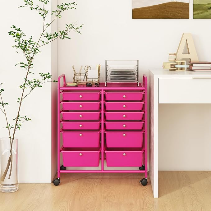 Moccha 12-Drawer Rolling Storage Cart - Utility Cart on Wheels with Lockable Casters for Craft Art Supply Paper Salon, Mobile Drawer Carts for Classroom Teacher School Office (Hot Pink) - Image 2