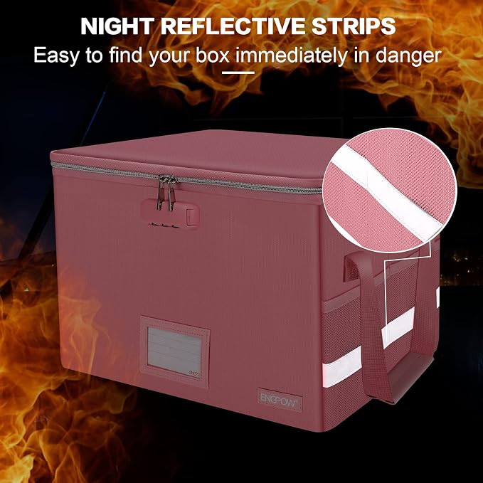 ENGPOW File Box with Lock, Fireproof Document Box with Zipper＆Pockets, Collapsible File Organizer Filing Storage Cabinet with Handle, Portable Home Office Safe for Hanging Letter/Legal Folder, Pink - Image 8
