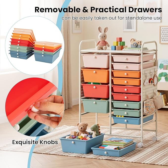 GOFLAME 15-Drawer Rolling Storage Cart with Pegboard, Craft Storage Cart with Lockable Wheels and Metal Frame, Art Cart Supply Storage Organizer for Home Office Classroom, Macaron Color - Image 7