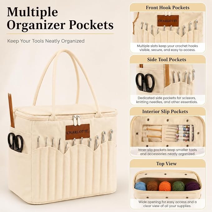 Canvas Yarn Storage Bag with Personalized Name Leather Patch, Large Canvas Yarn Bag for Crochet and Knitting, Crochet Organizer with Multiple Pockets & Yarn Holes, Birthday Gift for Mom Grandma - Image 2