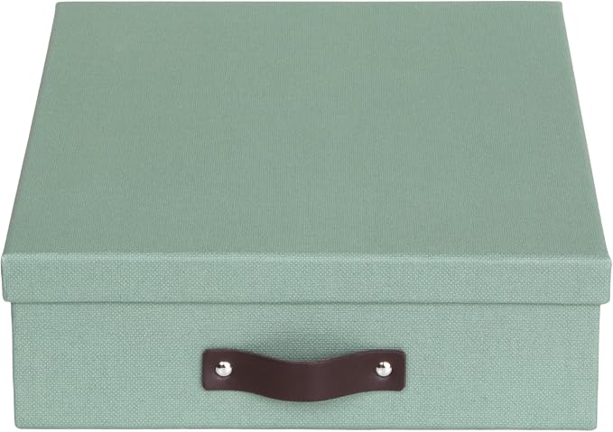 Bigso Oskar Canvas Fiberboard Document Letter Box for Important Paperwork A4 or Letter Size - Durable Keepsake Box with Lid and Leather Handle - 3.3in x 10.2in x 13.8in - Soft Teal - Image 2