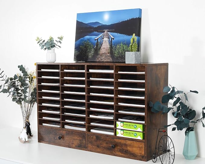 Mail Sorter Organizer, Wood Literature Organizer, Student Mailbox for Classroom, Desktop Bill Paper Organizer for Office Home School, 38 Compartments, Antique Brown - Image 6