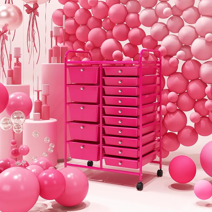 Moccha 15-Drawer Rolling Storage Cart - Under Desk Storage Drawers with wheels for Craft Art Supply Paper Salon, Scrapbook Paper Tools, Mobile Utility Cart for Classroom (15 Drawers, Hot Pink) - Image 9