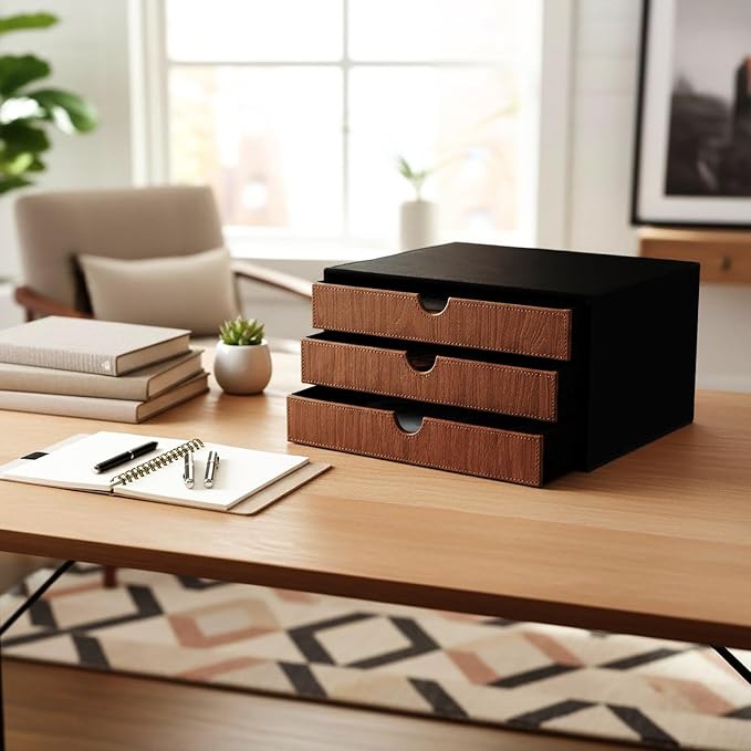 UnionBasic Document Organizer, 3-Drawer File Cabinet Document Storage Box, Office Desktop Filing Organizer, Black with Wood Grain Drawers - Image 6
