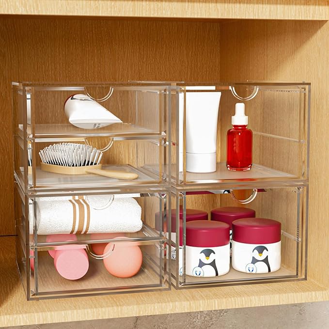 4-Pack Acrylic 6-Drawer Office & Makeup Storage Organizer,Desk | Smooth-glide drawers, clear body, dustproof, wipe clean, for stationery, lipsticks, blush palettes, hair clips, sticky notes - Image 2