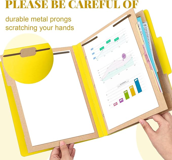 Skyygemm 12 Pcs Classification Folders 3 Pocket Dividers Letter Size Employee File Folder with 2 Prong Fasteners 2 in Expansion Pressboard Medical Document Organizers Bulk for School Office(Yellow) - Image 3