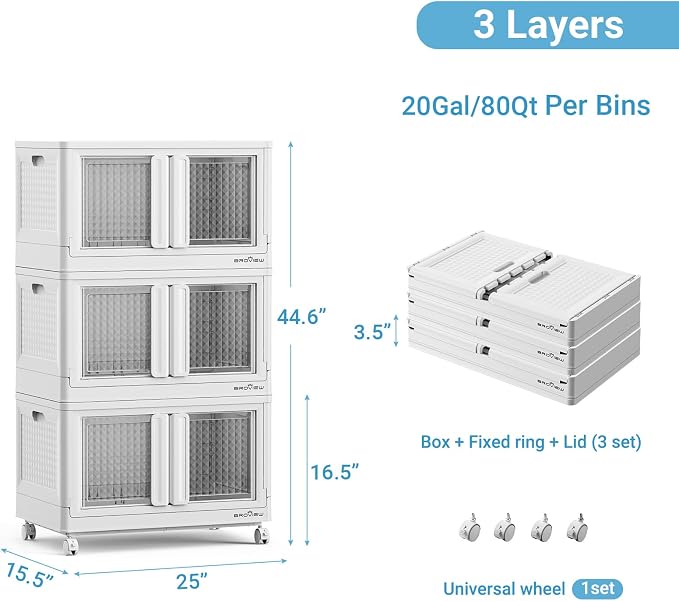 BROVIEW 300Qt Stackable Storage Bins with Lids, 75Gal Closet Organizers and Storage Drawer, Plastic Collapsible Storage Bins with Doors, Heavy Duty Store Box Cabinet for Home Kitchen, 3Pack White - Image 2