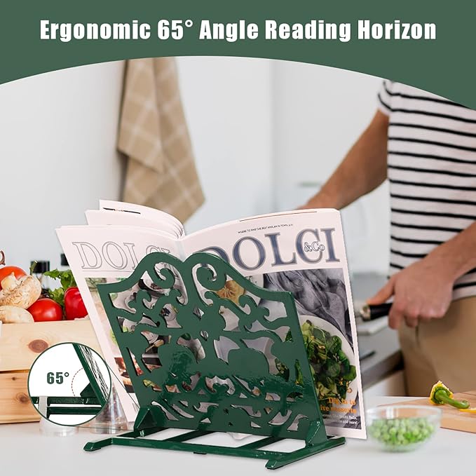 Vintage Cookbook Stand, Durable Wrought Cast Iron Recipe Book Holder for Kitchen Counter, Large Metal Cook Book Stand with Pumpkin Design, Green - Image 3
