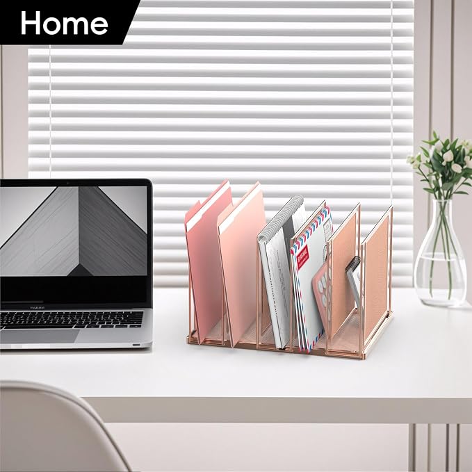 File Organizer for Desk, 5-Section Vertical File Sorter, Paper Holder Organizer Standing Metal File Folder for Office Home Classroom, Rose Gold - Image 8