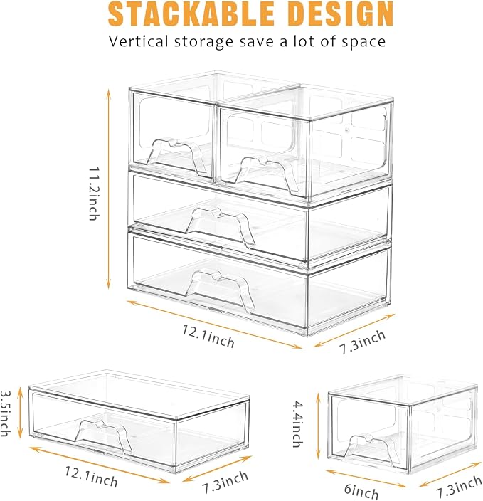 4 Pack Stackable Storage Drawers, Clear Acrylic Organizer, Makeup Organizer | with Pull-out Drawer,Pantry Organization for Beauty Supplies,Ideal for Vanity, Bathroom,Cabinet - Image 2