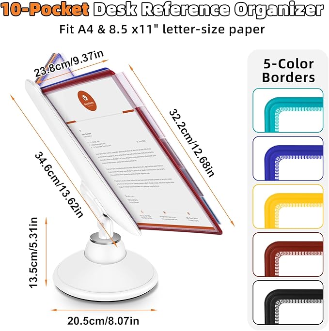 10-Pocket Desktop Reference & Display System with 360° Adjustable Base, Fast Flip & Find Desk Reference Organizer, A4/Letter Size 10 Double-Sided Panels with 5-Color Borders & Index Tabs, White - Image 2