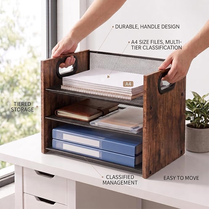 Desk Organizer - 3 Tier Wood & Metal Mesh Desktop Organizer for Office, Home, School, Workspace, Office Desk Organzier for Papers, Mail, Notebooks, Stationery - Image 2
