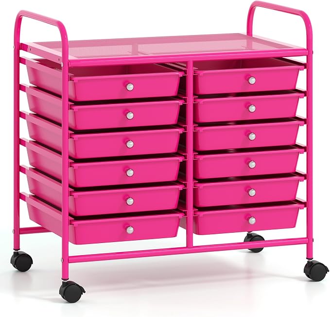 GOFLAME 12-Drawer Rolling Storage Cart, Multifunctional Art Craft Organizer Cart, Mobile Utility Storage Cart with Removable Drawers & Lockable Wheels, Craft Cart for Home Office School, Hot Pink by GOFLAME