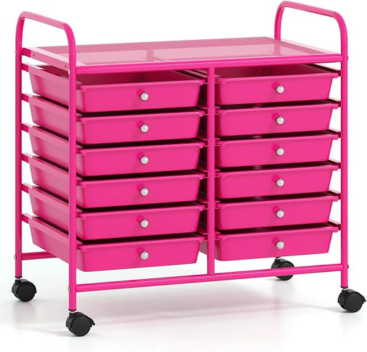 GOFLAME 12-Drawer Rolling Storage Cart, Multifunctional Art Craft Organizer Cart, Mobile Utility Storage Cart with Removable Drawers & Lockable Wheels, Craft Cart for Home Office School, Hot Pink by GOFLAME