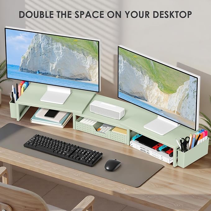 Desk Organizers and Accessories, Dual Monitor Stand Riser with Drawer and 2 Pen Holders, Desk Shelf Computer Monitor Stand for Office Workspace Organizers, Desktop Organization (Sage Green) - Image 4