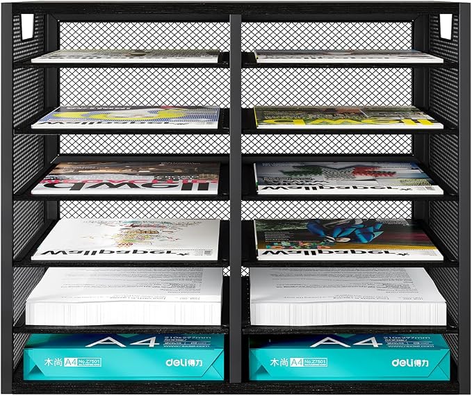 PAG Mass Mail Holder, Adjustable Countertop Literature Organizer, Student Mailbox, Desktop Bill Paper Organizer, 12 Compartments, Black - Image 2