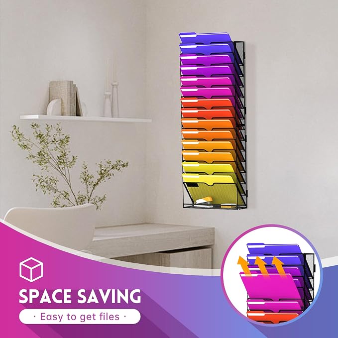 2-Pack 15-Tier Wall File Organizer with Base and Hooks, Black | Wall Organizer and Wall File Holder with 15 Vertical Pockets and Bottom Tray for Files, Mail, Folders, Magazines and Paper - Image 4