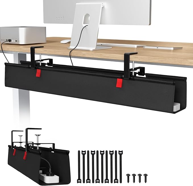 Univivi No Drill Under Desk Cable Management Tray, 36 inch Cable Management | Clamp/Screw Mount Desk Cable Management, Premium Fabric Cable Management Tray, Large Capacity Cord Organizer for Office, Home by Univivi