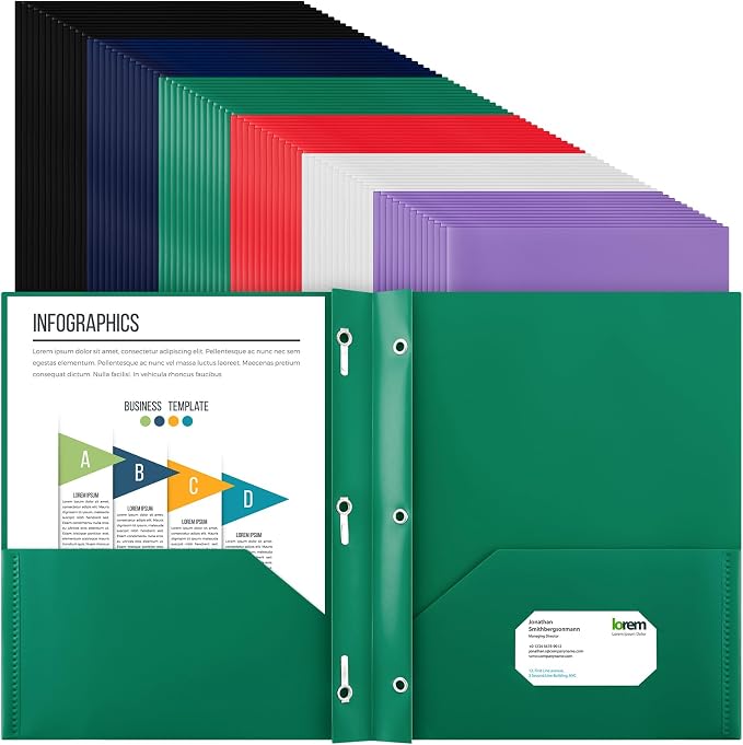 Cholemy 72 Packs Pocket Folders with Prongs Heavy Duty Plastic Folder with Business Card Slot 3 Prong Fasteners for School Office (Dark) by Cholemy
