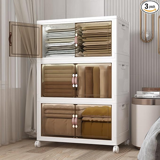 504QT Stackable Storage Bins with Lids, Doors & Wheels | Closet Organizers and Storage Cabinet , Lockable Plastic Foldable Drawers for Bedroom Dorm Office Garage（168QT*3,White） by UAMFURIDirect