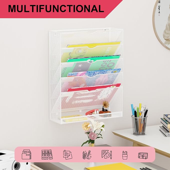 Hanging Wall File Organizer 6 Tier Wall Mounted File Holder Document Wall Organizer Magazine Organization for Office Home, White - Image 6