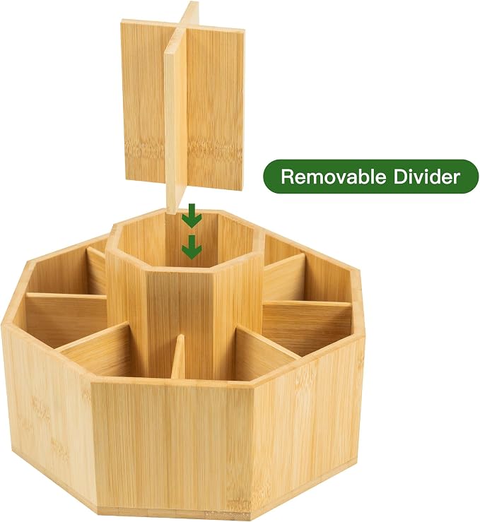 VaeFae 360° Rotating Bamboo Pen Holder Desk Art Supply Organizer | 9-12 Slots, Removable Divider, Octagonal Frame, Polished Surface, Space-Saving for Pens, Markers, Brushes & Beauty Supplies - Image 3