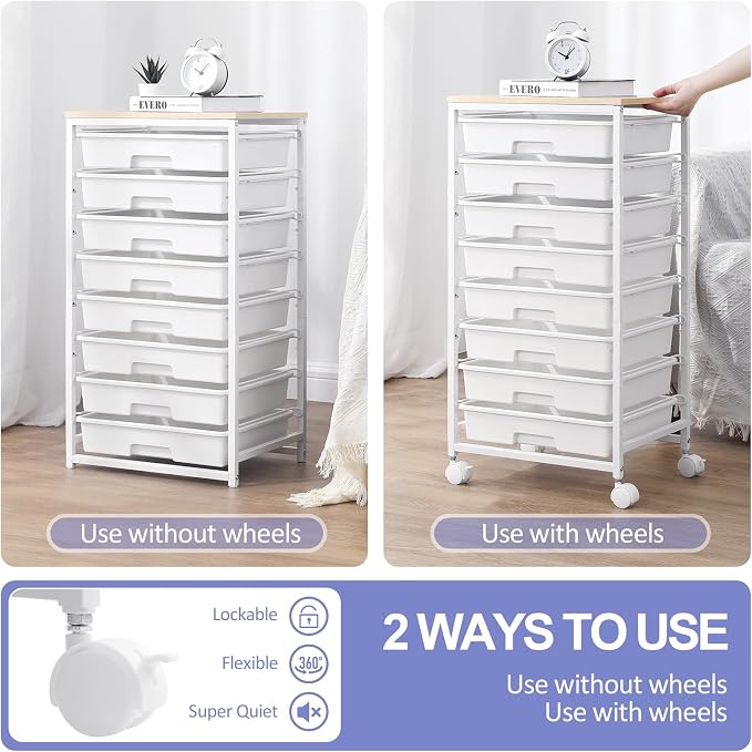 SYKIARIOL Rolling Storage Cart with Drawers, 8 Drawers Utility Cart,White | Rolling Drawer Cart with Wooden Tabletop,Storage Drawer Cart for Living Room,Classroom,Bedroom,Dorm,Office - Image 8