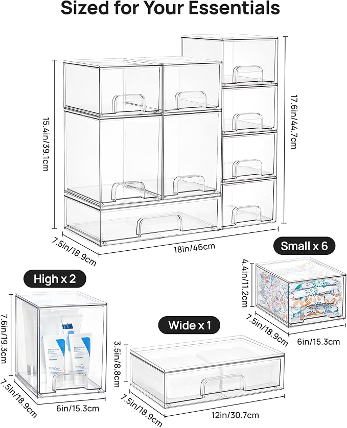 Vtopmart Stackable Storage Drawers Set of 9, Clear Plastic Organizer Bins for Baby Bottle, Beauty Supplies Storage, Ideal for Kichen Countertop, Vanity, Bathroom, Cabinet, Pantry Organization - Image 3