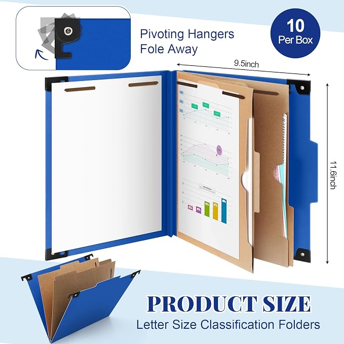 Henoyso 10 Pcs Hanging Classification Folders,2 Pocket Dividers,Dark Blue | Letter Size, Hanging File Folders with 2 Pockets, 3" Expansion, 6 Prong Fasteners, 1/3 Tab Cut, 6 Sections, Pressboard Manila - Image 2