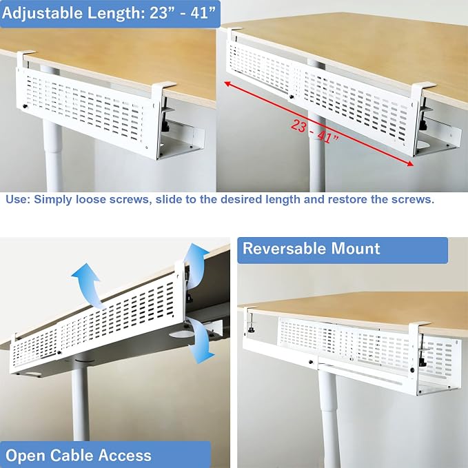 AEONS Under Desk Cable Management Tray Kit - Horizontal Adjustable up tp 41” Desk Organizer Removable C Clamp Mount Reversiable Computer Cord Raceway and Modesty Panel for Large Table, White/Beige - Image 3