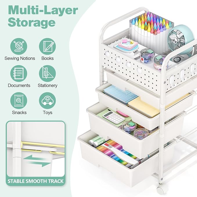 SYKIARIOL 4 Drawer Rolling Storage Cart with Pegboard Top and Hooks, White | Mobile Organizer Cart with Wheels for Office Supplies, Craft Storage, Classroom Organization, Home Utility Cart - Image 3