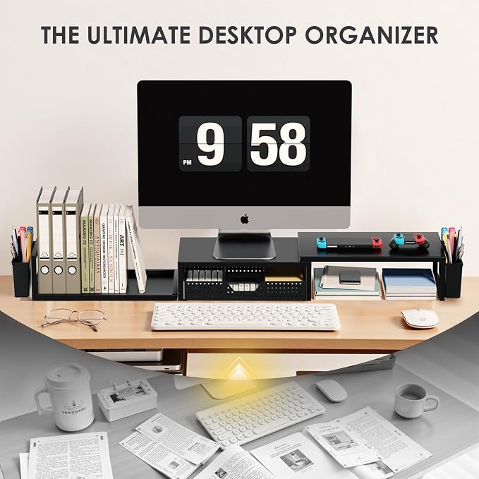 Desk Organizers and Accessories, Dual Monitor Stand Riser with Drawer and 2 Pen Holders, Desk Shelf Computer Racks for Office Workspace Organizers, Desktop Organization (Black) - Image 5