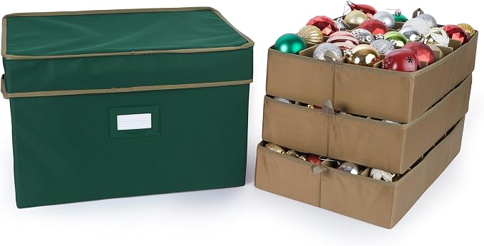 Covermates Keepsakes Adjustable Ornament Storage Box – Heavy-Duty Polyester, Padded Dividers & FlexGrid Trays – Protective Holiday Organizer with Stackable Walls & Label Window, Green by Covermates