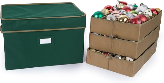 Covermates Keepsakes Adjustable Ornament Storage Box – Heavy-Duty Polyester, Padded Dividers & FlexGrid Trays – Protective Holiday Organizer with Stackable Walls & Label Window, Green by Covermates